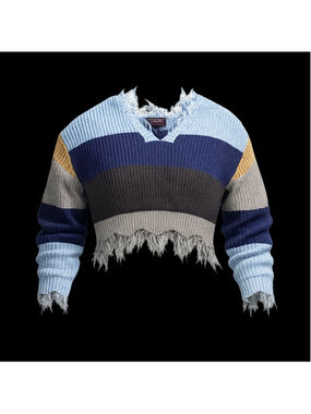 Women's Polly Esther Blue Gray Striped Distressed V-Neck Sweater M